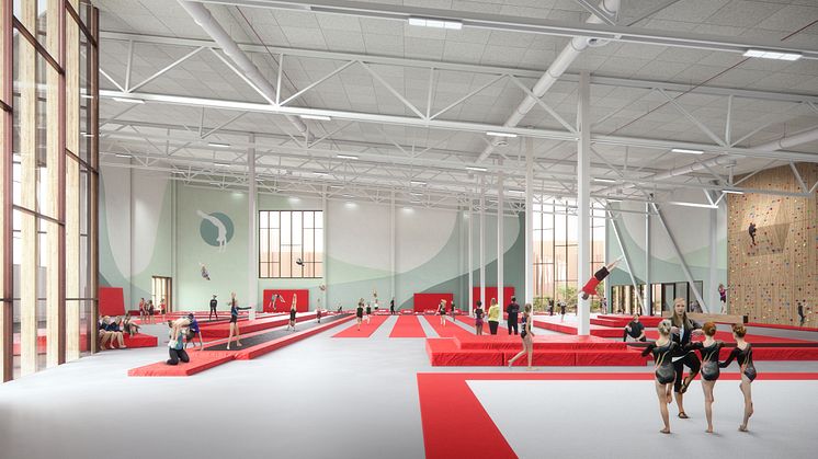 Intill Bromma flygplats planeras för en ishall med en gymnastikarena för truppgymnastik ovanpå. Illustration: Hemsö/Visulent 