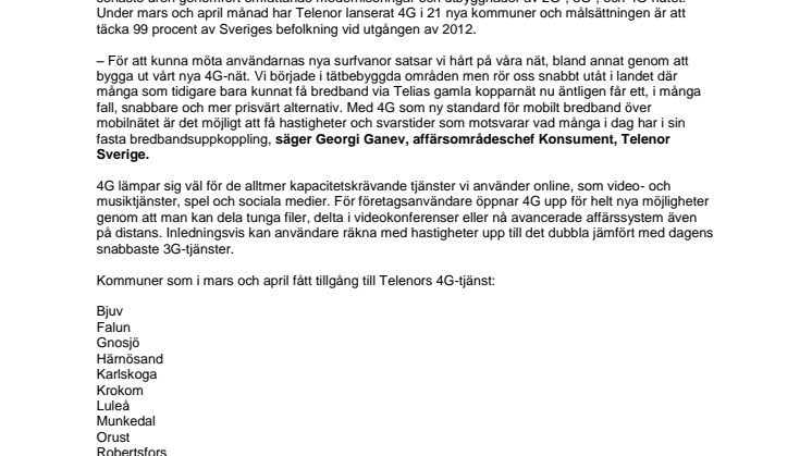 Telenors 4G-nät når nu över 100 kommuner 