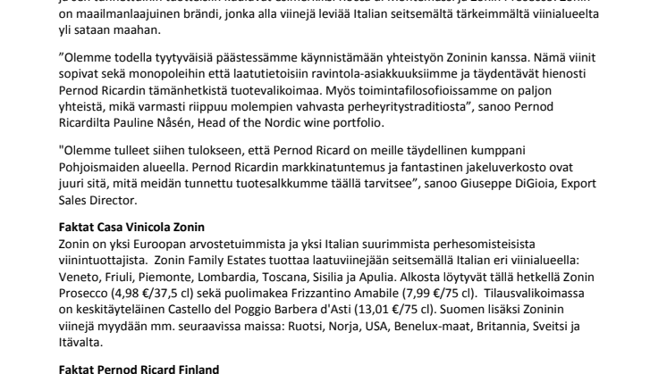 Pernod Ricard aloittaa yhteistyön italialaisen Zonin-viinitalon kanssa