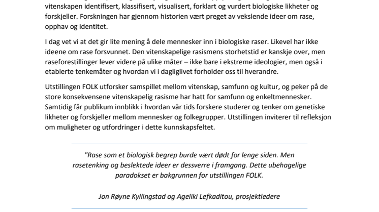 Ny utstilling: FOLK – fra rasetyper til DNA-sekvenser på Norsk Teknisk Museum fra 21. mars.