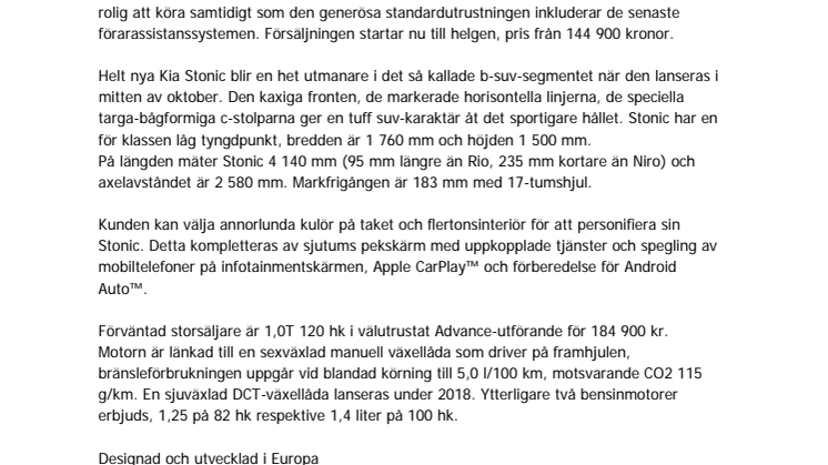 Säljstart för maxade minisuven Kia Stonic 