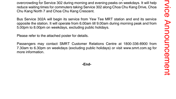 New Short Trip Bus Service 302A from 15 September 2014