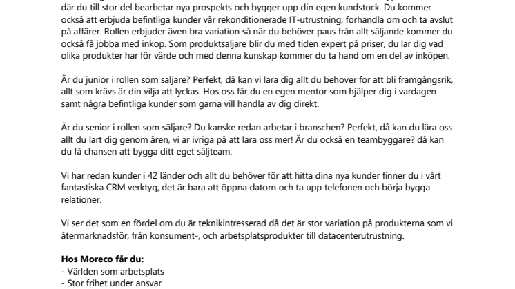 Produktsäljare till Moreco