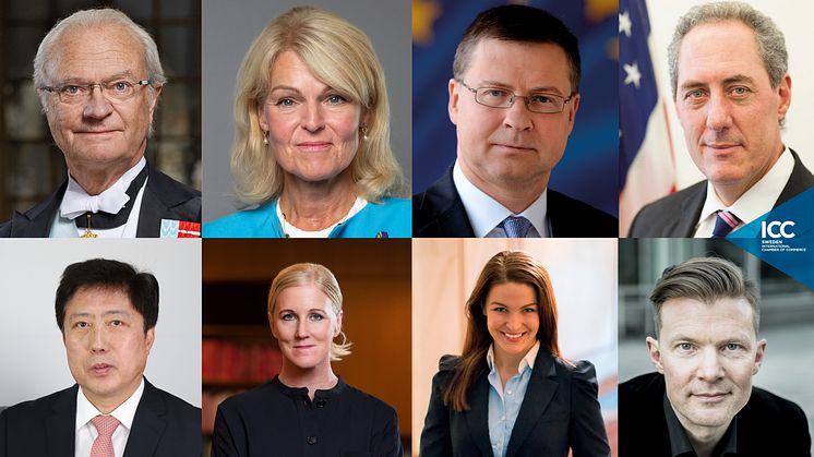 Medverkande vid ICC Sveriges Årsmötesseminarium: Hans Majestät Kung Carl XVI Gustaf, Anna Hallberg, Valdis Dombrovskis, Michael Froman, Yu Jianlong, Anna Stellinger, Susanna Zeko, Johan Norberg