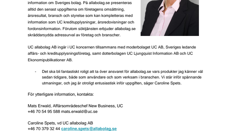 Caroline Spets ny VD för UC allabolag AB