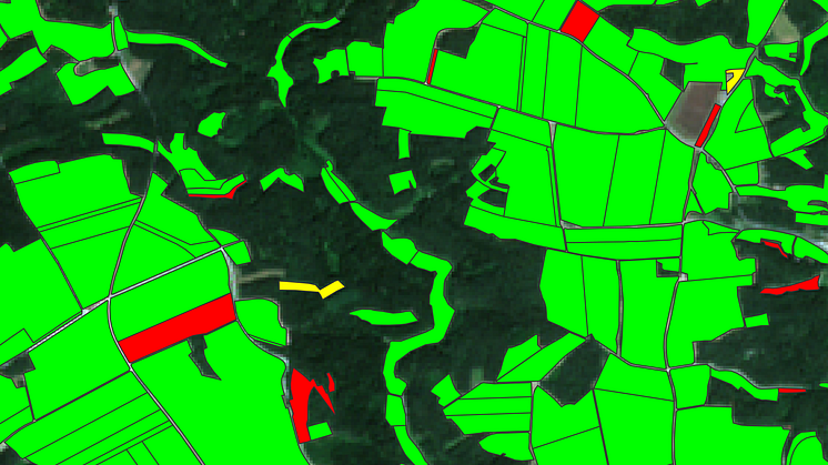 Output of automatic monitoring of agricultural parcels regarding their declared crop type (Green: Compliant parcels, Red: Non-complaint parcels, Yellow: Parcels requiring further processing) (© GAF AG, includes Copernicus Sentinel-2 data acquired on 