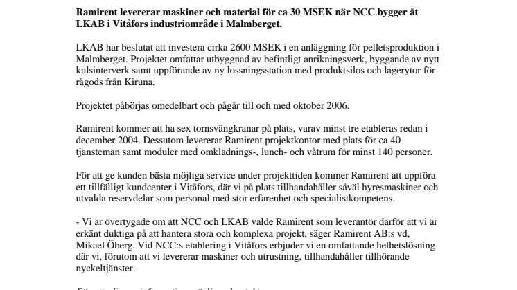 Ramirent tar hem stororder i Malmberget