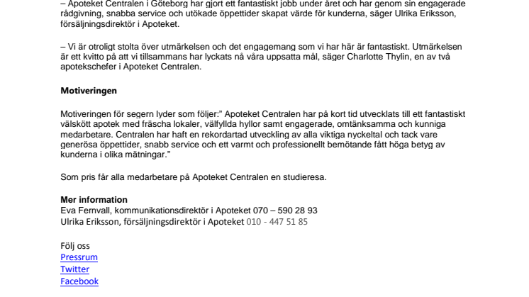 ​Apoteket Centralen i Göteborg vinner som årets apotek