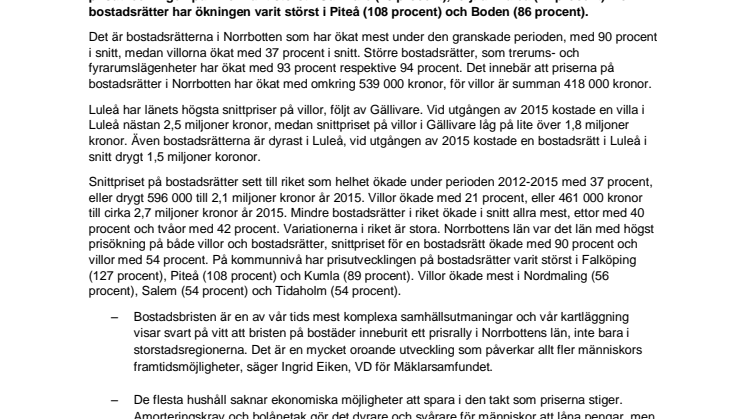 Bostadsbristen har skapat rekordhög prisutveckling i Norrbottens län åren 2012-2015