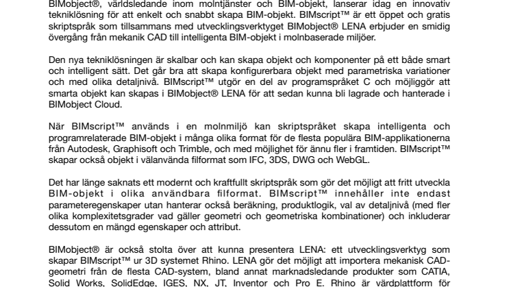 BIMobject® presenterar BIMscript™ och LENA – skapar intelligenta BIM-objekt från mekanik CAD
