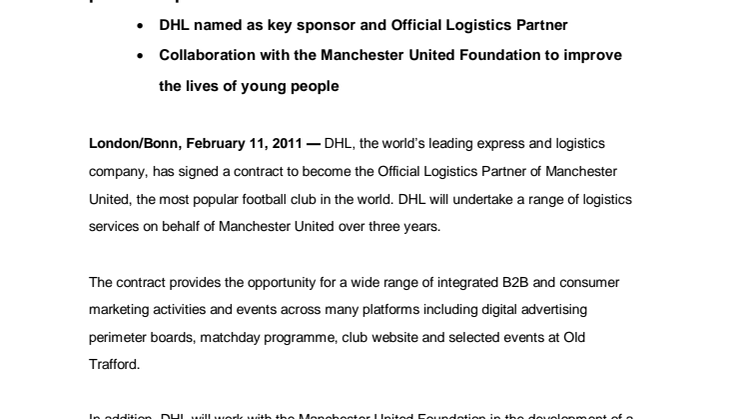 DHL indgår nyt integreret marketing og logistik partnerskab med Manchester United