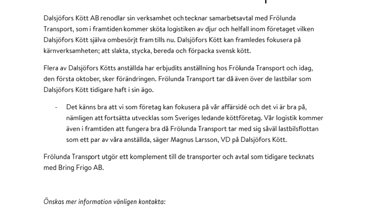 Dalsjöfors Kött renodlar sin verksamhet och tecknar samarbetsavtal med Frölunda Transport