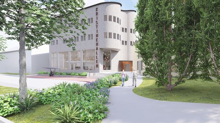 Så här ska Kristinehallen se ut när ombyggnationen är klar under 2022. Illustration: FALUGRUPPEN