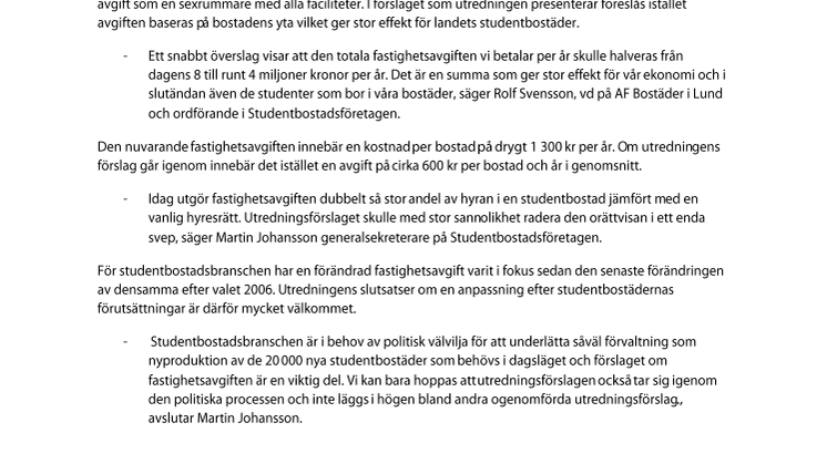 Nytt förslag av fastighetsavgift välkomnas av studentbostadsbranschen