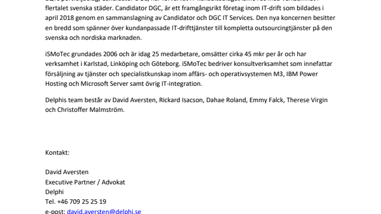 Delphi företräder Candidator DGC och EQT vid förvärv av iSMoTec