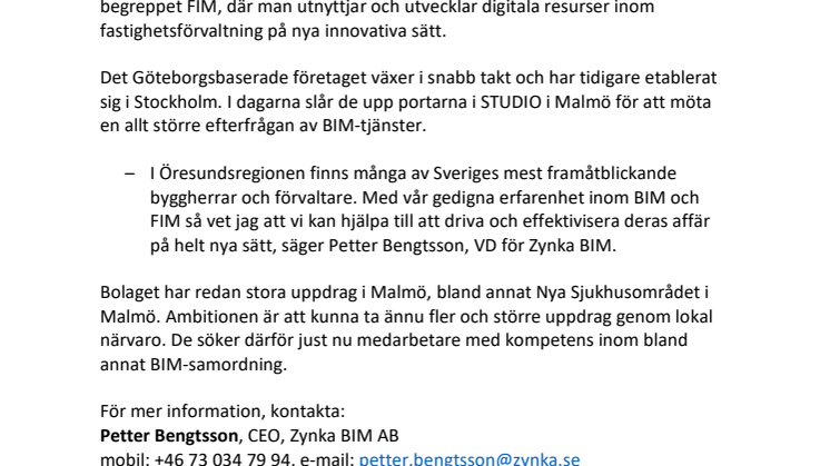 Snabbväxande Zynka BIM etablerar sig i Malmö: ”Stor efterfrågan på digitalisering inom bygg- och fastighetsbranschen i Öresundsregionen”