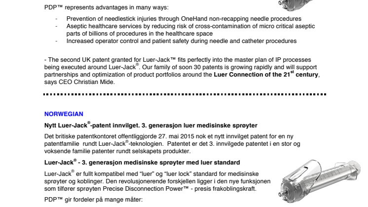 New Luer-Jack® Patent Granted - New Generation of Luer Medical Syringes