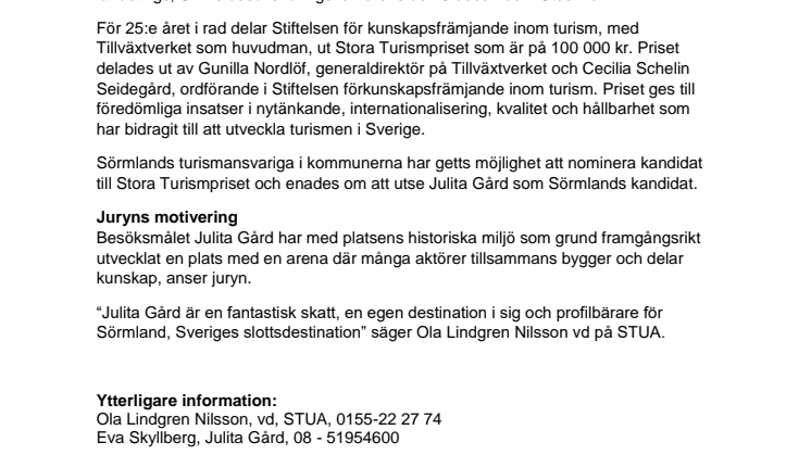 Julita Gård vinner Stora Turismpriset 2018!