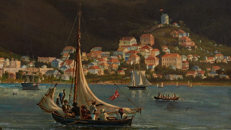Her ses en del af havnen i Charlotte Amalie på Sankt Thomas. Et udsnit af et maleri af Frits Melbye, 1851. Maleriet er en del af samlingen hos M/S Museet for Søfart (foto_Als,Jørgen)