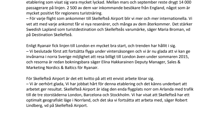 Ryanair fortsätter flyga till London från Skellefteå Airport