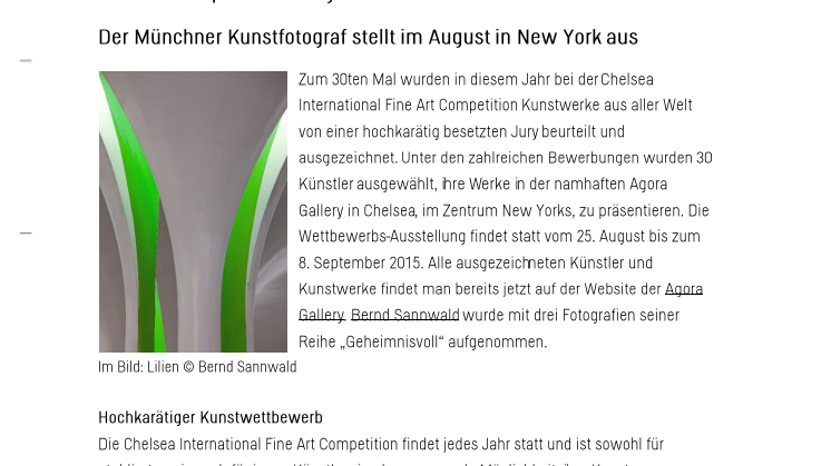 Bernd Sannwald bei der Chelsea International Fine Art Competition erfolgreich