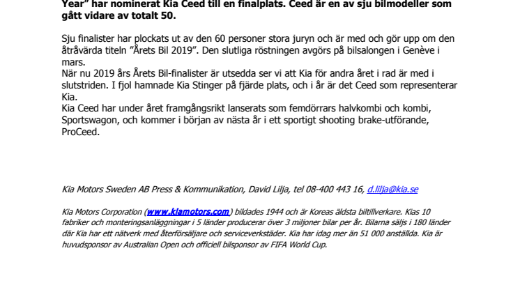 Kia Ceed finalist i ”Årets Bil 2019”