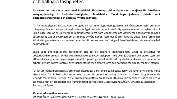 Egain och Bredablick i nytt samarbete för energieffektiva och hållbara fastigheter.