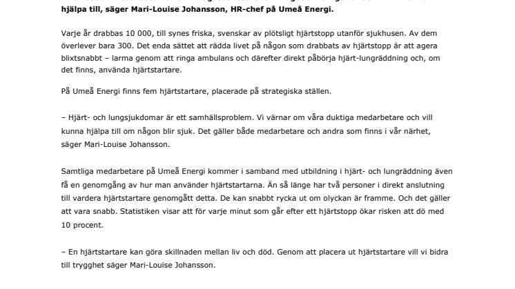 Umeå Energi bryr sig om medarbetarna  – har fem hjärtstartare på företaget