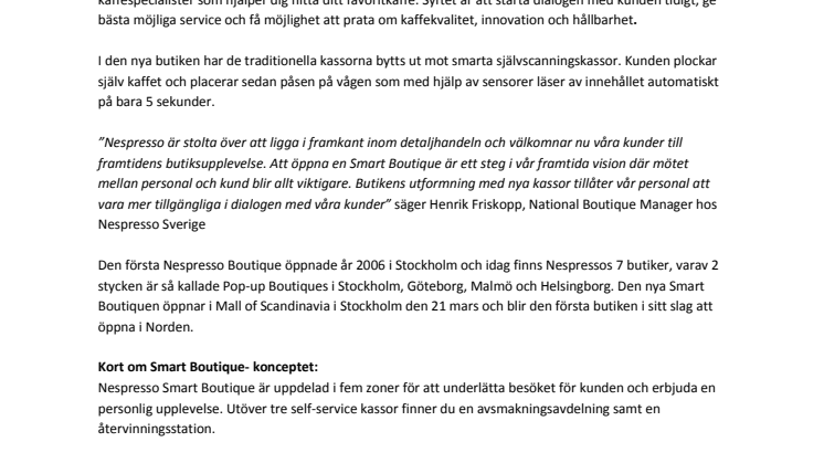 Nespresso öppnar nytt innovativt butikskoncept i Mall of Scandinavia