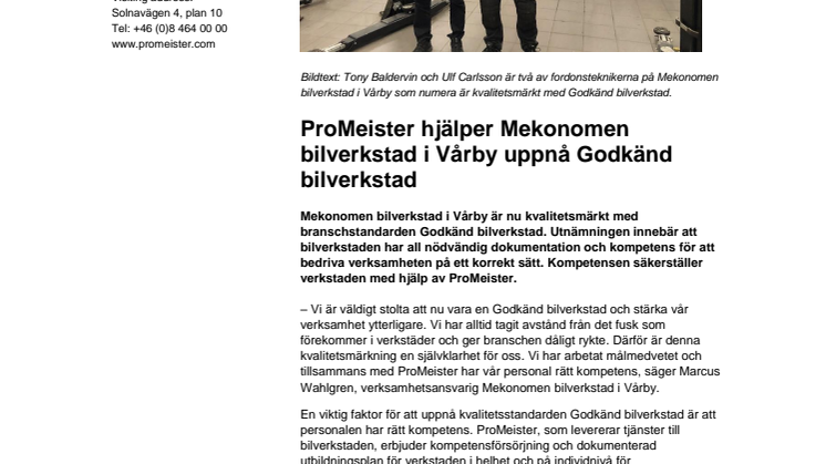 ProMeister hjälper Mekonomen i Vårby uppnå Godkänd bilverkstad 