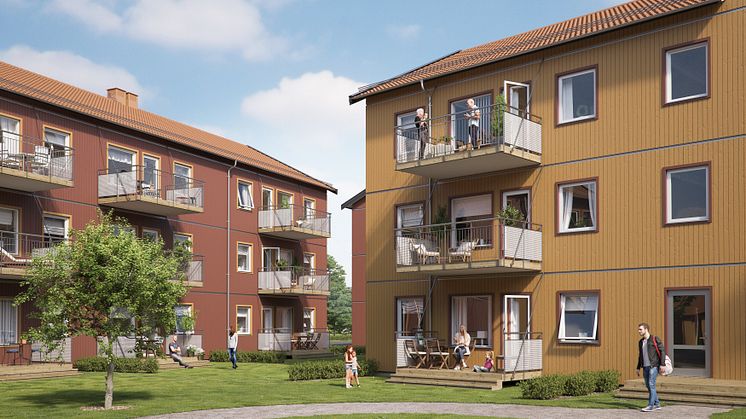 Illustration av gårdssida med balkong/altan med gräsplatt samt gemensamma grönytor, lägenheter i BoKlok Svärdet i Hemlingby. 