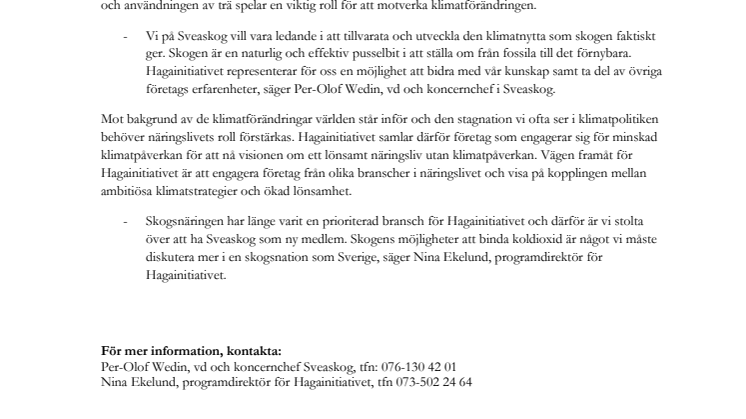 Sveaskog blir ny medlem i Hagainitiativet