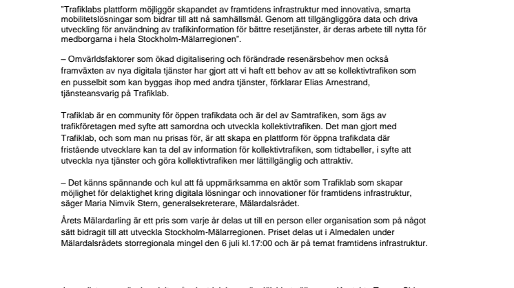 Trafiklab är Årets Mälardarling