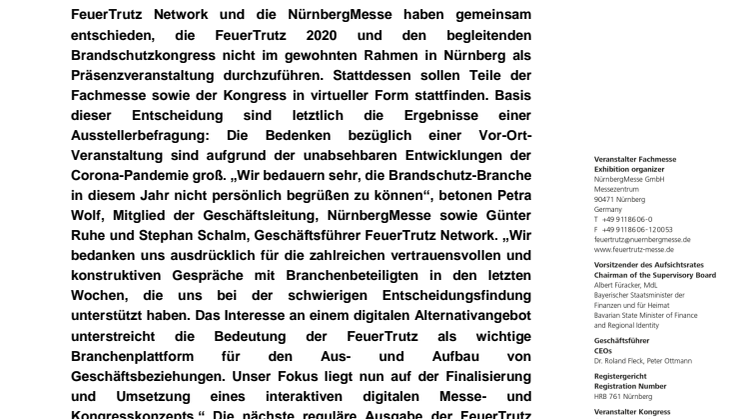 FeuerTrutz Fachmesse und Brandschutzkongress finden 2020 digital statt 