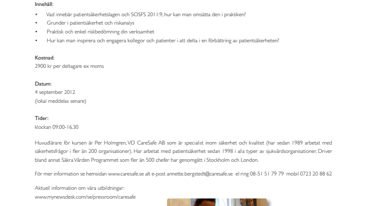 Patientsäkerhet inom primärvården den 4/9-12 i Stockholm
