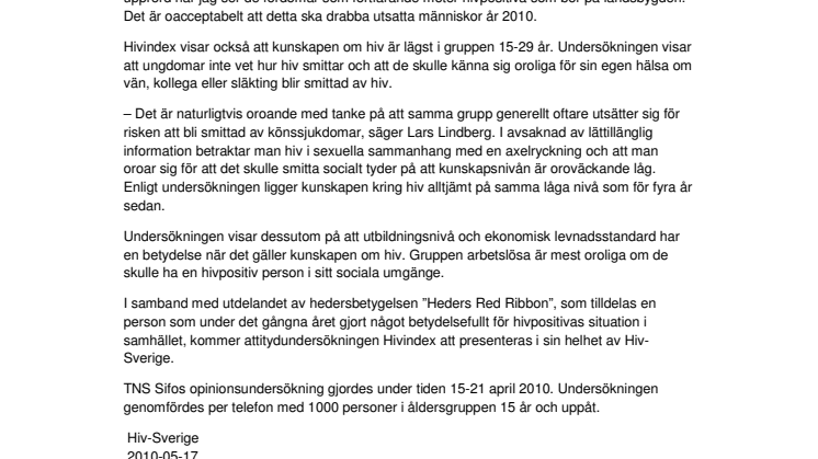 Hivindex 2010: Fördomar mot hivsmittade på landsbygden
