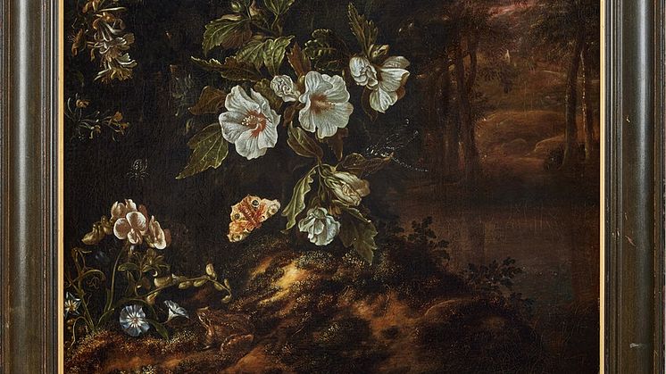 ”Stilleben med blommor och fiskar i ett bergslandskap” av Isaac Vromans 