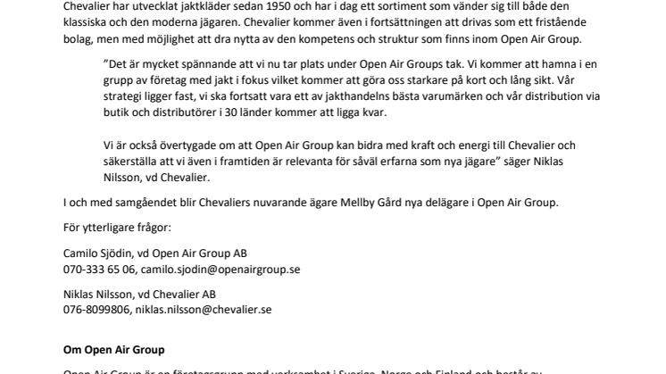  Chevalier blir en del av Open Air Group