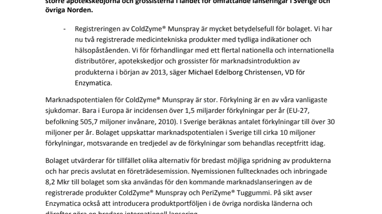 Enzymaticas ColdZyme® Munspray mot förkylning registrerad hos Läkemedelsverket