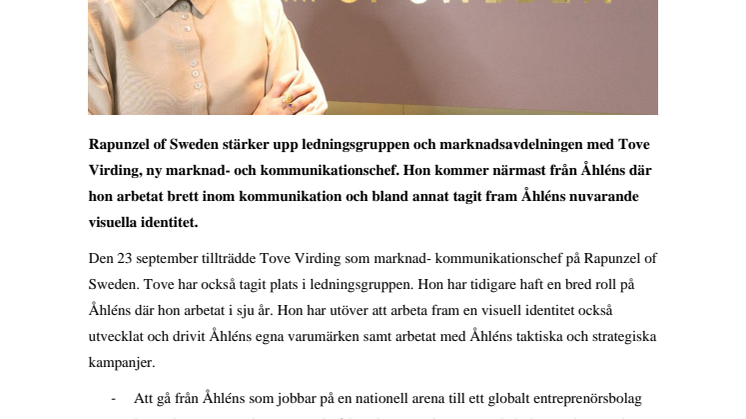 Tove Virding – Ny marknad- och kommunikationschef på Rapunzel of Sweden