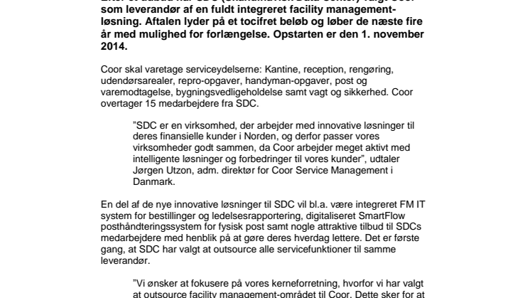 SDC vælger Coor Service Management som deres integrerede facility management-leverandør