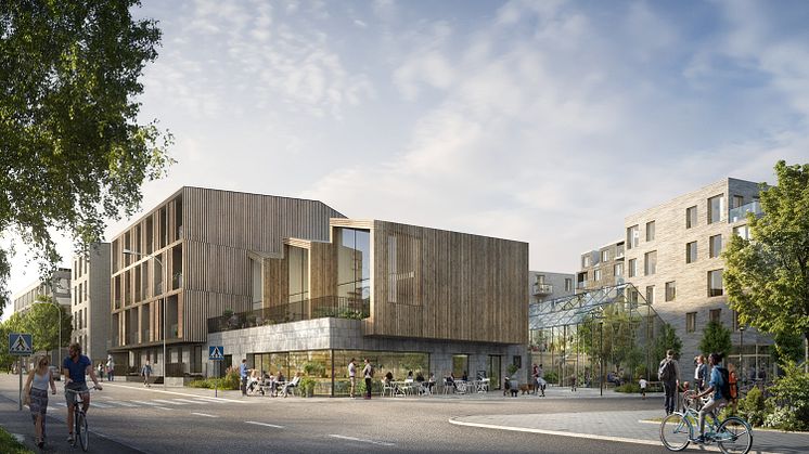 Vy över kvarteret Kronparken. Rosendal Uppsala, Dreem Arkitekter