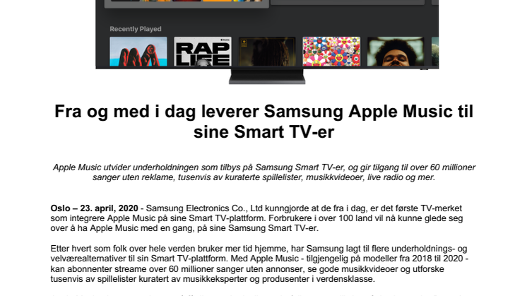Fra og med i dag leverer Samsung Apple Music til sine Smart TV-er
