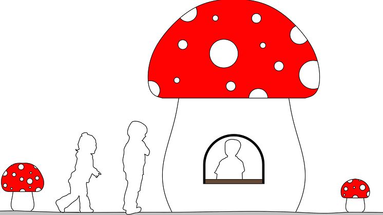 Sagotemat är genomgående på hela lekplatsen. Vad sägs om ett lekhus i form av en stor flugsvamp? Illustration: Charolina Klintberg, Halmstads kommun