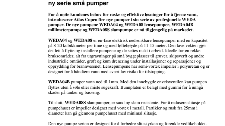 Atlas Copco utvider sitt utvalg av WEDA pumper med en ny serie små pumper