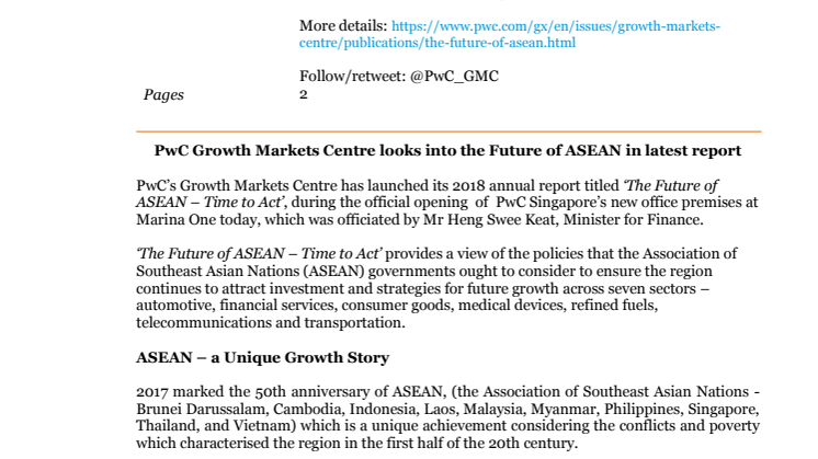 PwC Growth Markets Centre looks into the Future of ASEAN in latest report