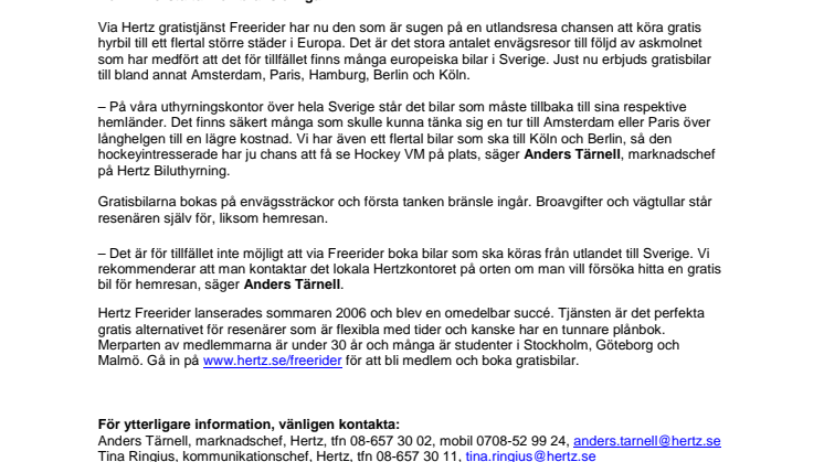 Gratis bilresor till utlandet med Hertz Freerider