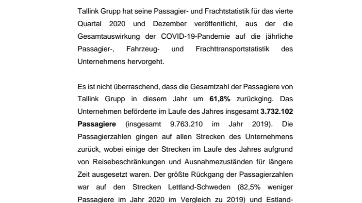 Tallink Grupp veröffentlicht Statistiken des vierten Quartals und des Dezember 2020 und fasst die gesamten Auswirkungen der COVID-19-Pandemie auf die Passagier- und Frachtzahlen zusammen