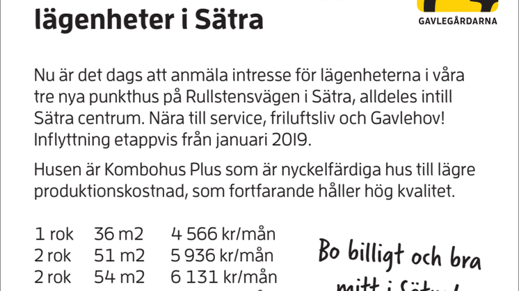 Annons 117 nya lägenheter Sätra