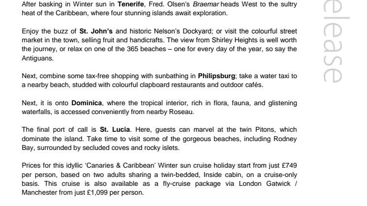 Enjoy a ‘Canaries New Year & the Caribbean’ Winter sun getaway with Fred. Olsen Cruise Lines in December 2014